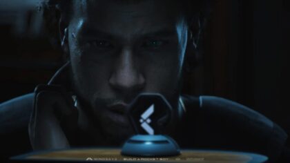 MindsEye Jacob Diaz cinematic scene showing the character staring intently at a glowing hexagonal device resting on a surface.