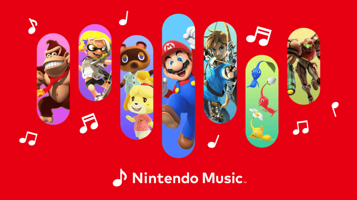 Nintendo Music app promotional artwork featuring the logo and classic characters like Mario, Link, and Samus inside vertical shapes on a red background.