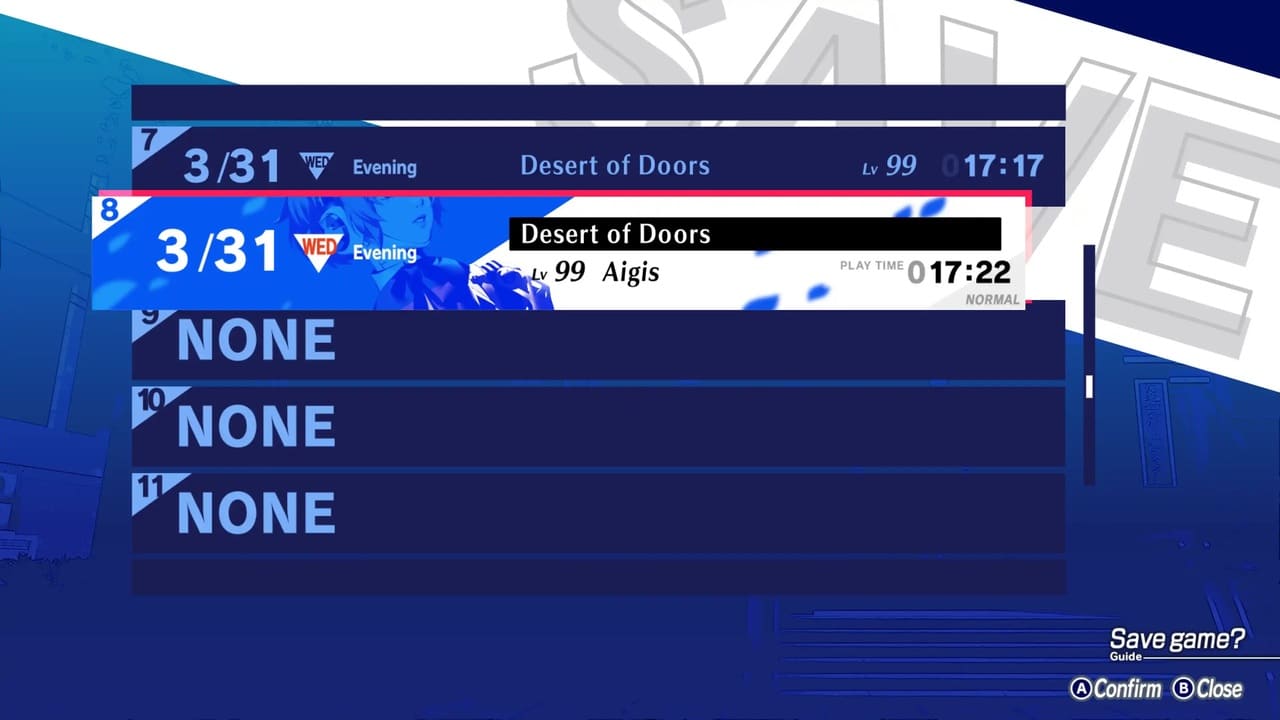 Clear save file from Persona 3 Reload: Episode Aigis showing 17 hours and 22 minutes of total playtime.