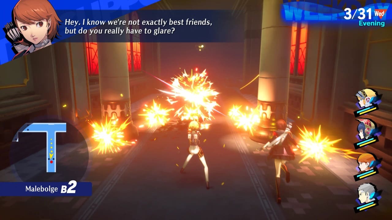 Aigis using a wipe shot in Tartarus while Yukari comments about her glare in Persona 3 Reload: Episode Aigis.