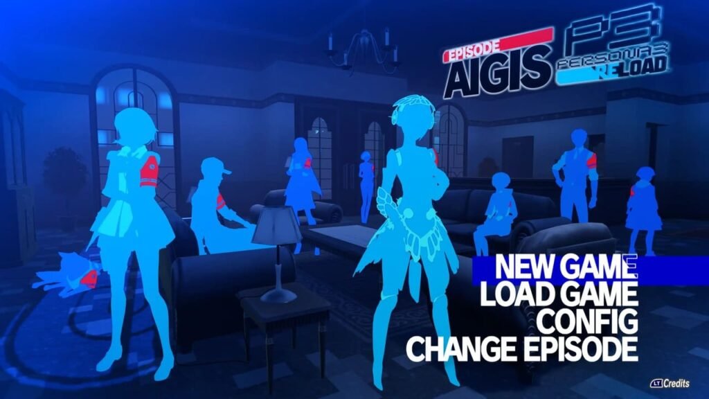 Title screen for Persona 3 Reload: Episode Aigis with silhouettes of SEES members and game menu options.