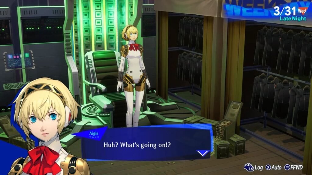 Aigis waking up and saying “Huh? What’s going on?” in Persona 3 Reload: Episode Aigis.