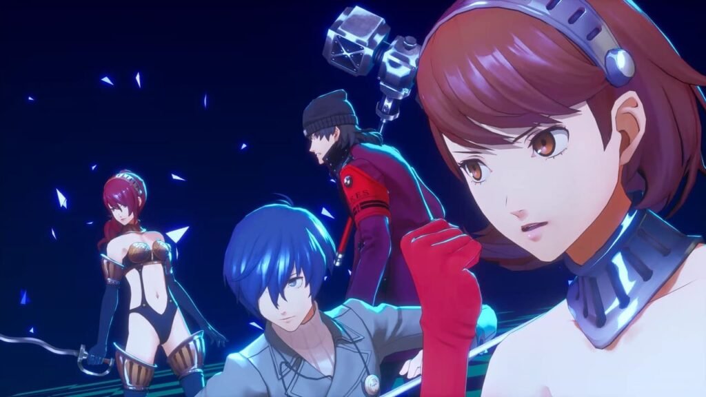Party members Yukari, Shinki, Minato, and Mitsuru performing an all-out attack in Persona 3: Reload, with Yukari and Mitsuru in battlegear.