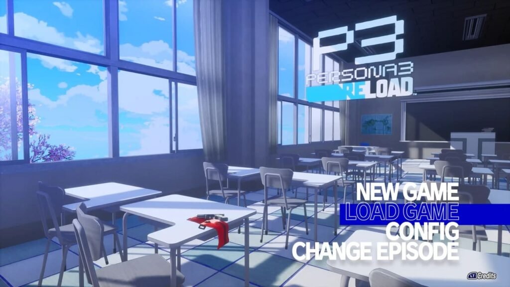 SEES armband and evoker on Minato’s classroom desk in the cleared game menu of Persona 3: Reload.