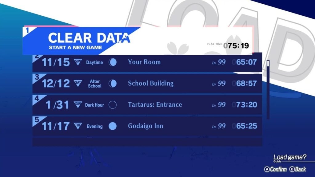 Clear data screen from Persona 3: Reload showing 75 hours and 19 minutes of total playtime.