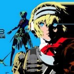 Artwork of Aigis from Persona 3 Reload: Episode Aigis, showing her in split lighting with a mechanical silhouette in the background and stylized flames on the right.