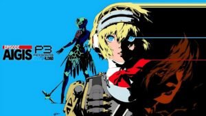Artwork of Aigis from Persona 3 Reload: Episode Aigis, showing her in split lighting with a mechanical silhouette in the background and stylized flames on the right.