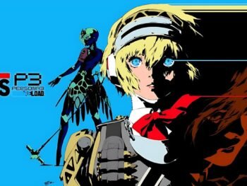 Artwork of Aigis from Persona 3 Reload: Episode Aigis, showing her in split lighting with a mechanical silhouette in the background and stylized flames on the right.