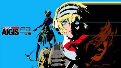 Artwork of Aigis from Persona 3 Reload: Episode Aigis, showing her in split lighting with a mechanical silhouette in the background and stylized flames on the right.