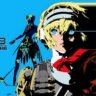Artwork of Aigis from Persona 3 Reload: Episode Aigis, showing her in split lighting with a mechanical silhouette in the background and stylized flames on the right.