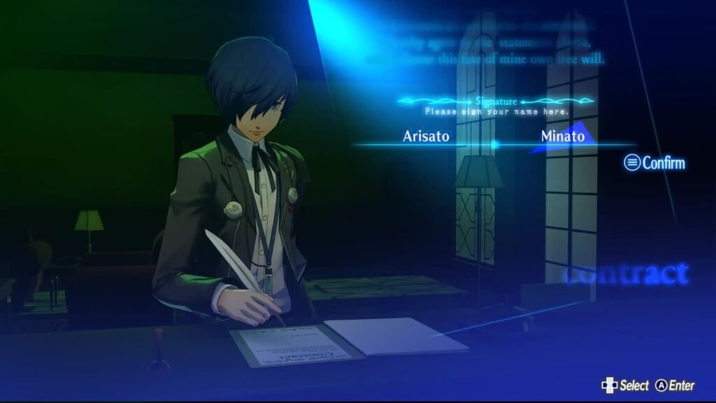 Minato signing his name on a contract to begin his journey in Persona 3: Reload.