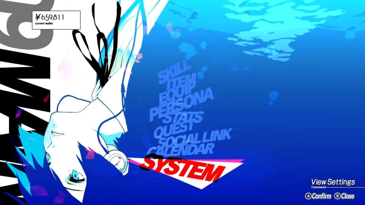 Persona 3: Reload pause menu showing an upside-down Minato, an underwater effect, and current Yen amount.