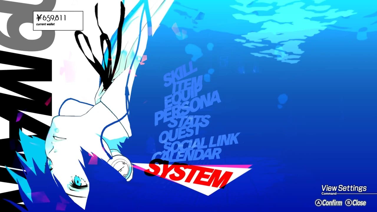 Persona 3: Reload pause menu showing an upside-down Minato, an underwater effect, and current Yen amount.