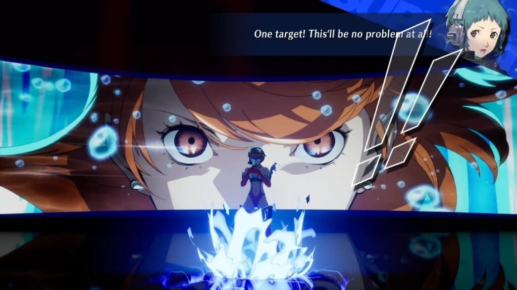 Yukari’s glowing eyes after a critical hit in Persona 3: Reload, with Fuuka commenting on the enemy weakness.