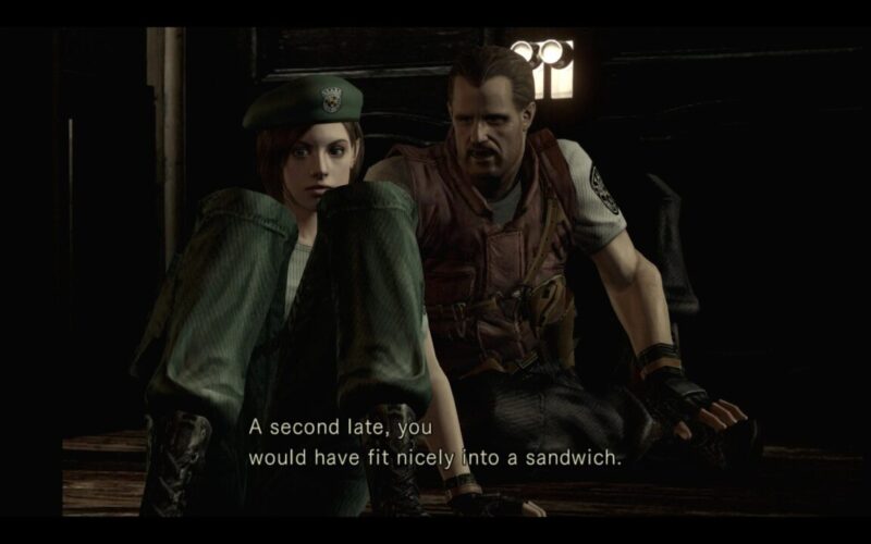 Barry Burton saving Jill Valentine from a crushing trapdoor in Resident Evil 2002 remake cutscene.
