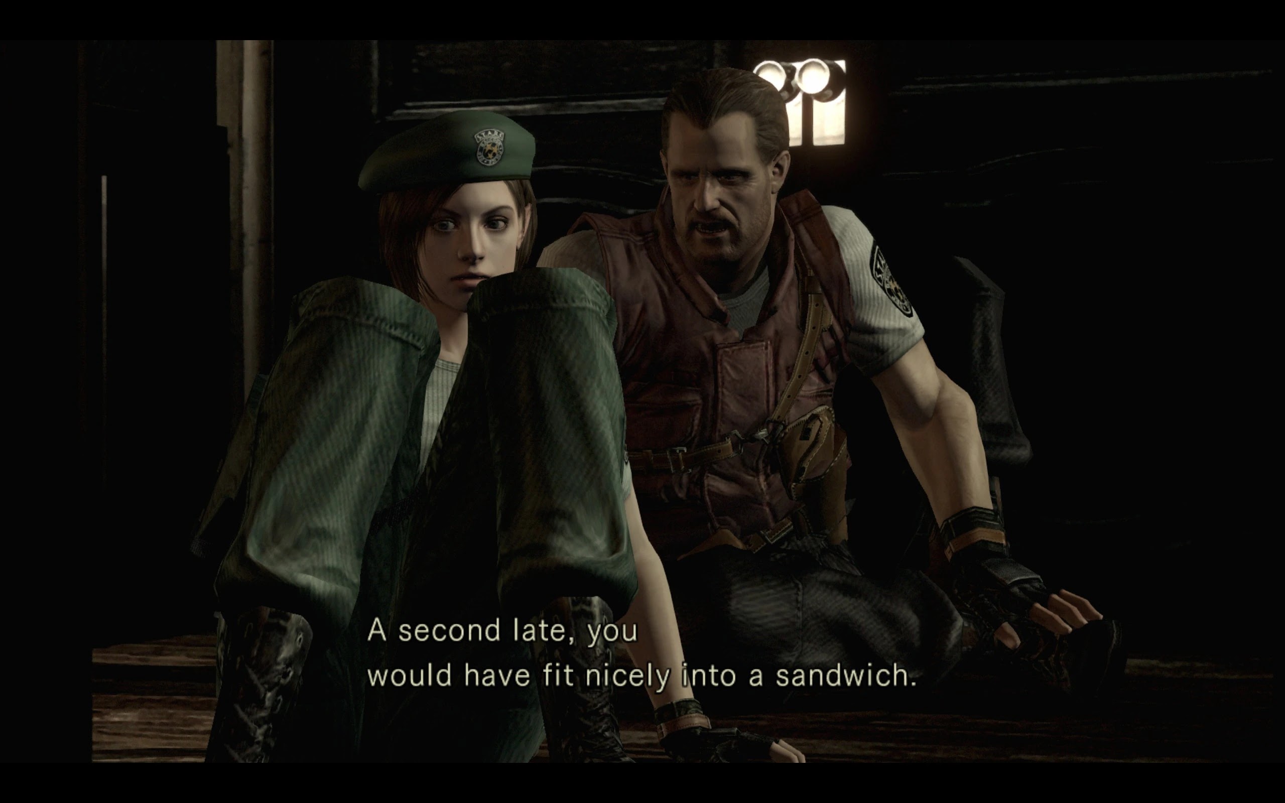 Barry Burton saving Jill Valentine from a crushing trapdoor in Resident Evil 2002 remake cutscene.