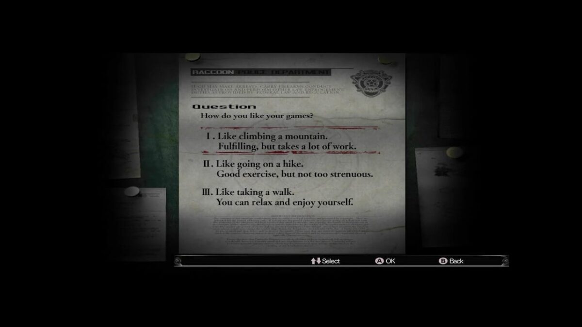 Resident Evil 2002 remake difficulty selection menu with three options and “How do you like your games?” prompt