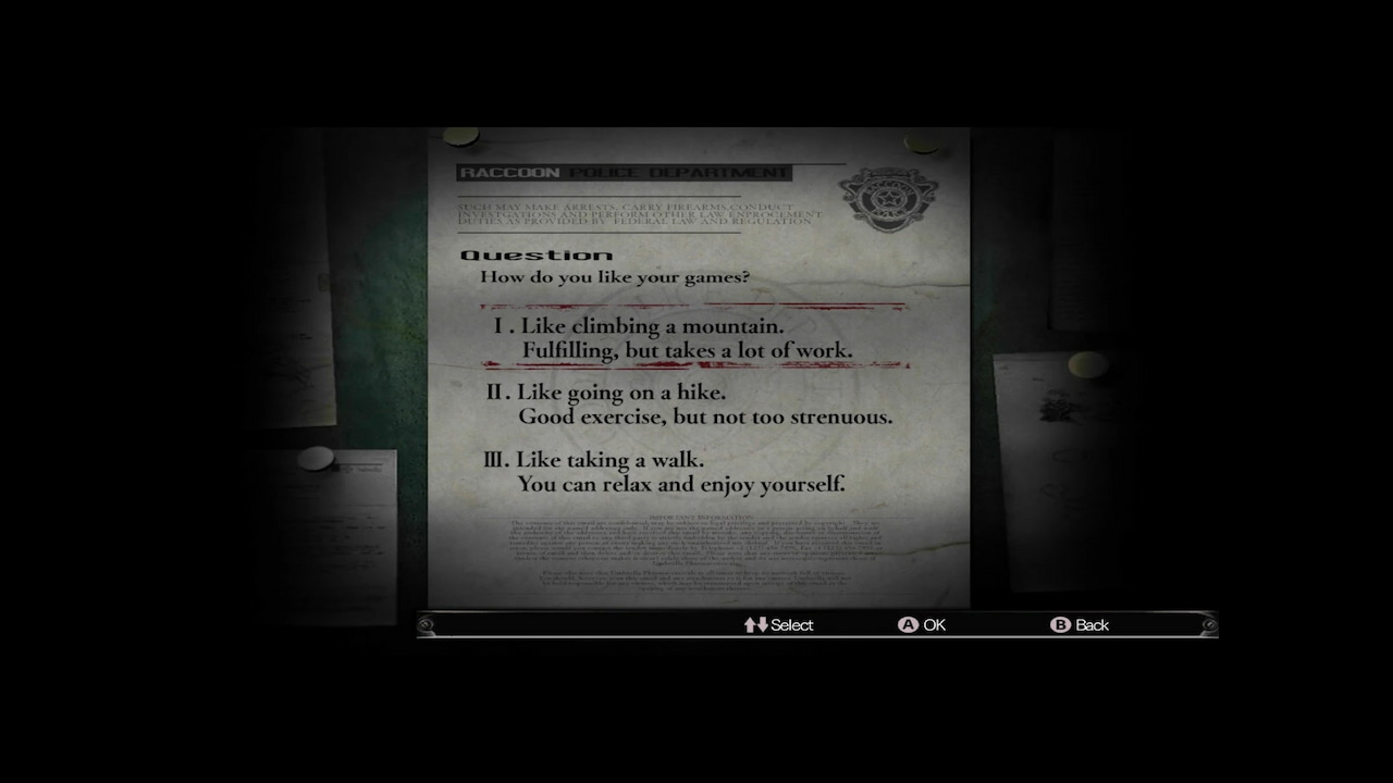 Resident Evil 2002 remake difficulty selection menu with three options and “How do you like your games?” prompt