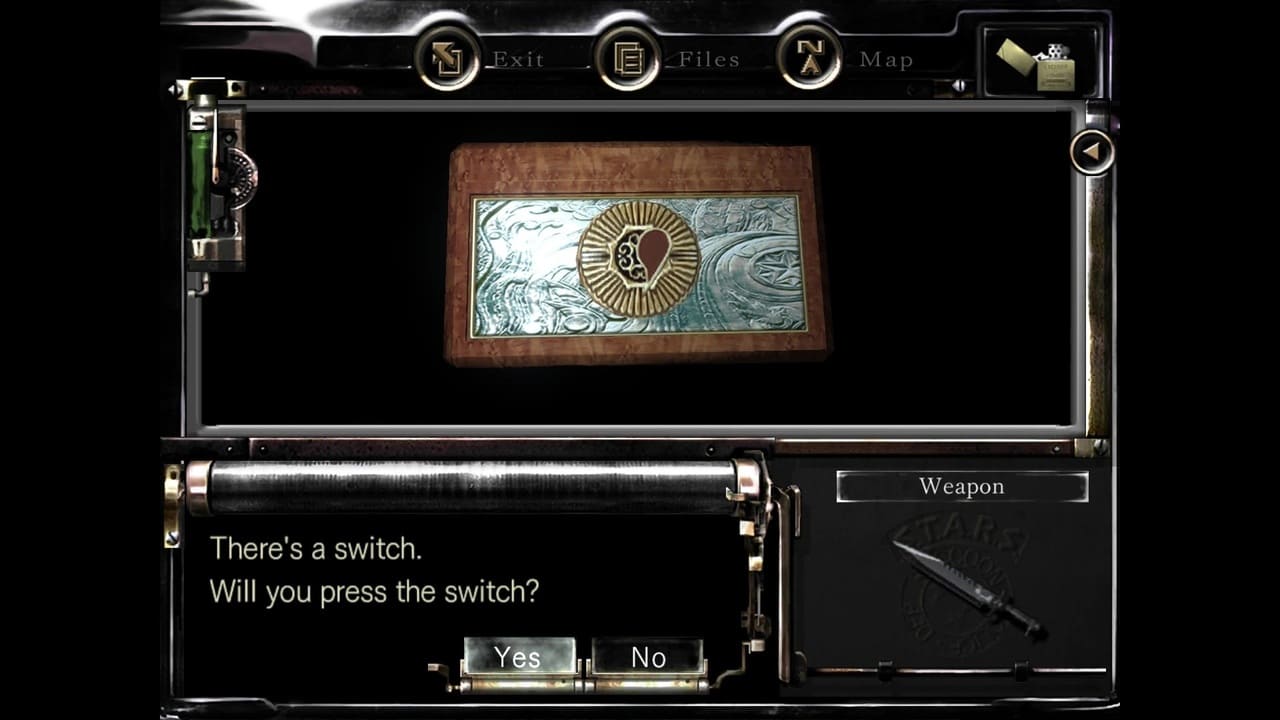 Heart-shaped box puzzle with a prompt to press the switch in Resident Evil 2002 remake