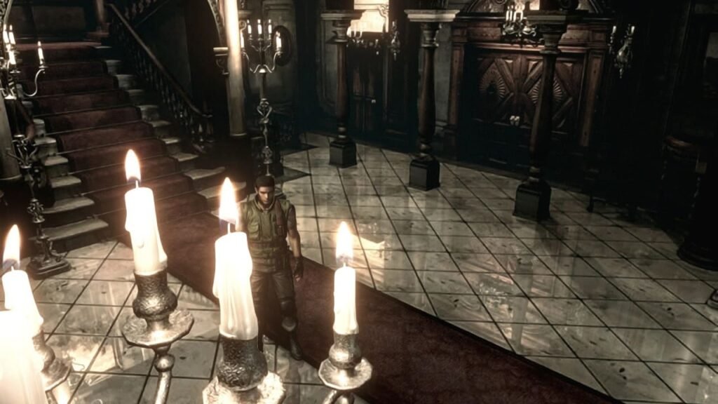 Chris Redfield standing in the mansion main hall under candlelight in Resident Evil 2002 remake