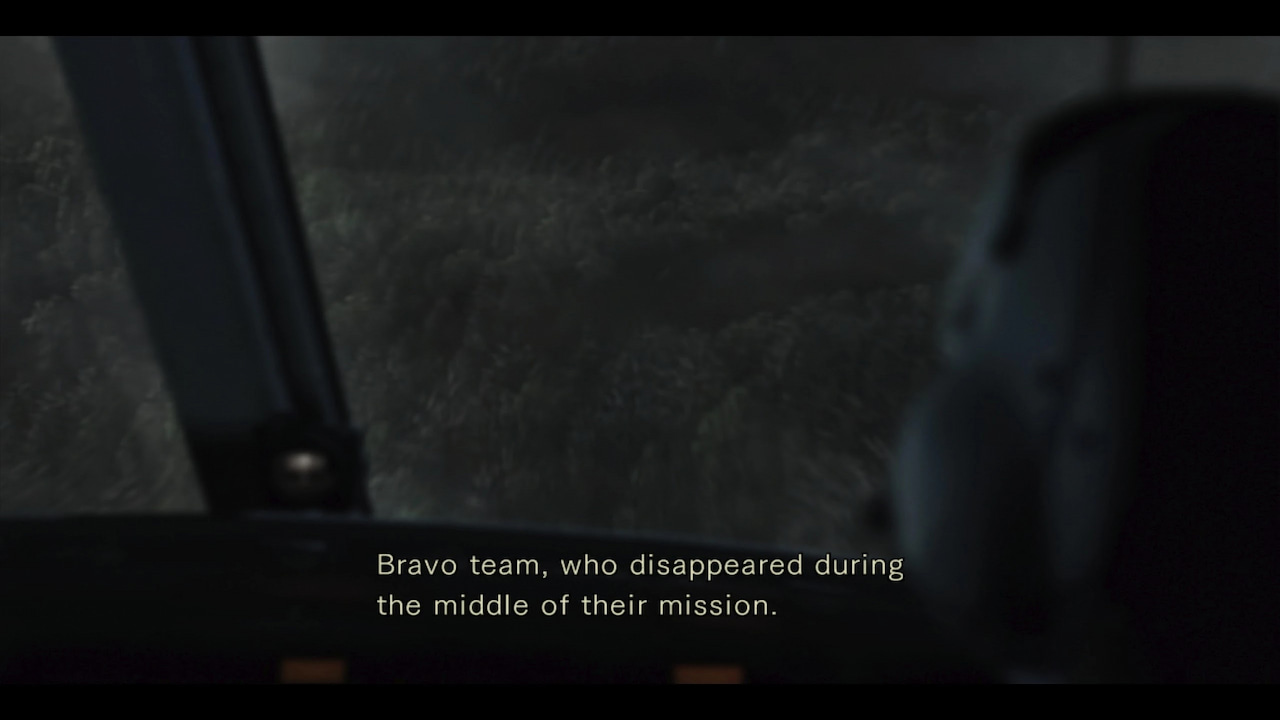 Resident Evil 2002 remake cutscene of STARS team flying to Spencer Mansion with mission subtitles