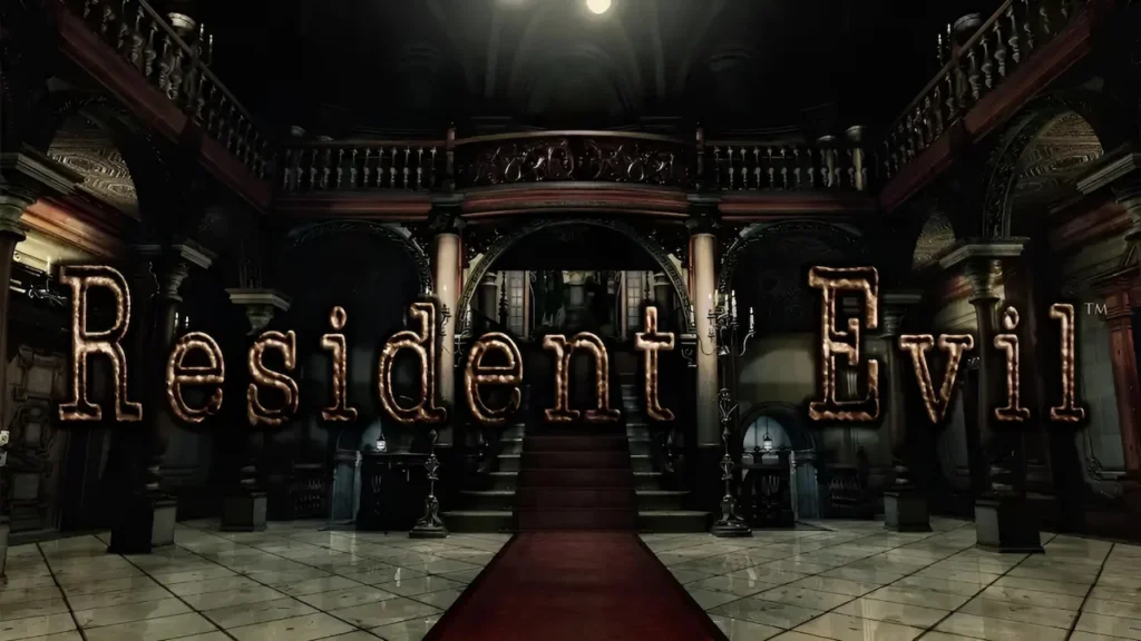 Resident Evil 2002 remake title logo with the Spencer Mansion main hall staircase in the background