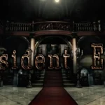 Resident Evil 2002 remake title logo with the Spencer Mansion main hall staircase in the background