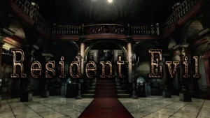 Resident Evil 2002 remake title logo with the Spencer Mansion main hall staircase in the background