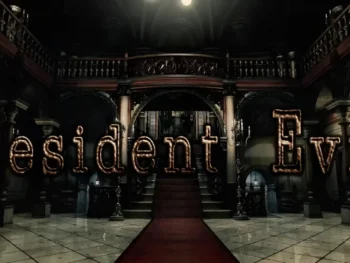 Resident Evil 2002 remake title logo with the Spencer Mansion main hall staircase in the background
