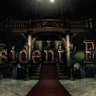 Resident Evil 2002 remake title logo with the Spencer Mansion main hall staircase in the background