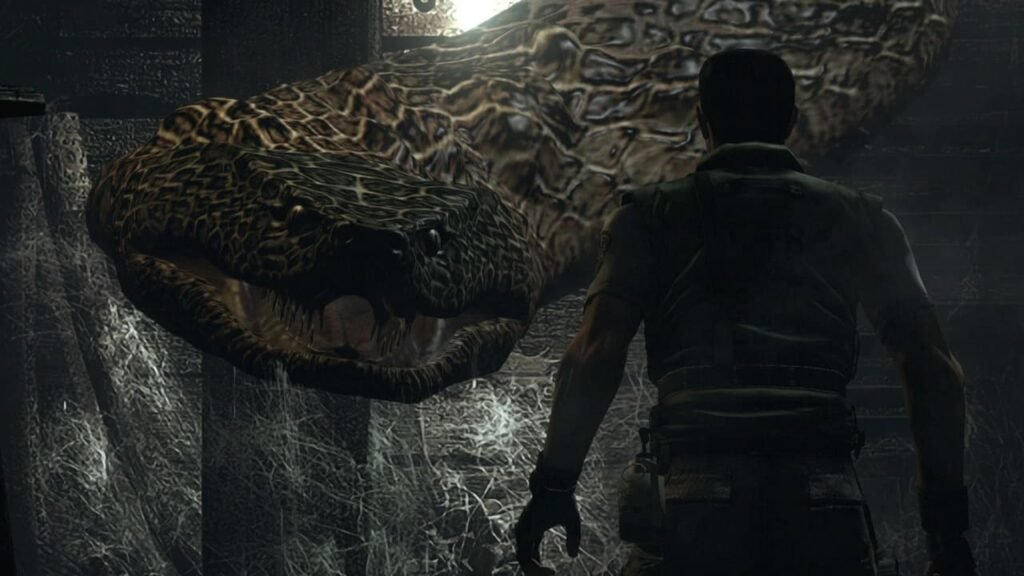 Close-up of Yawn, the snake boss, during the first attic encounter with Chris in Resident Evil 2002 remake.