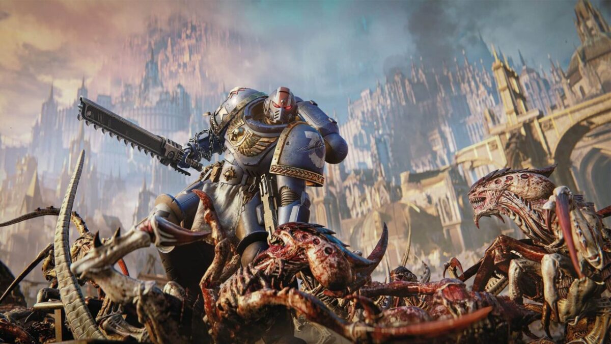 Space Marine 2 combat showing an Ultramarine fighting Tyranids with a chainsword.