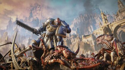 Space Marine 2 combat showing an Ultramarine fighting Tyranids with a chainsword.