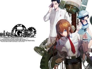 Official Steins;Gate ReBoot artwork featuring the main trio: Rintaro Okabe, Kurisu Makise, and Mayuri Shiina, surrounded by mechanical gears.