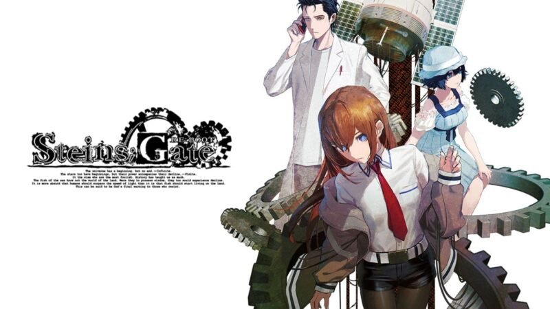 Official Steins;Gate ReBoot artwork featuring the main trio: Rintaro Okabe, Kurisu Makise, and Mayuri Shiina, surrounded by mechanical gears.