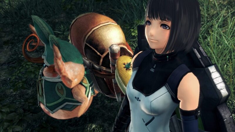 Xenoblade Chronicles X Lin and Tatsu standing together in a grassy outdoor environment.