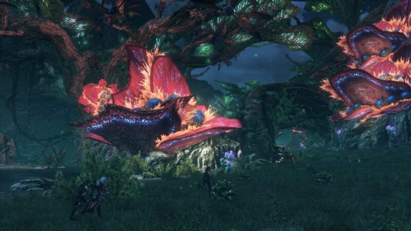 Xenoblade Chronicles X Noctilum environment featuring large bioluminescent red flora and player characters running in the foreground.