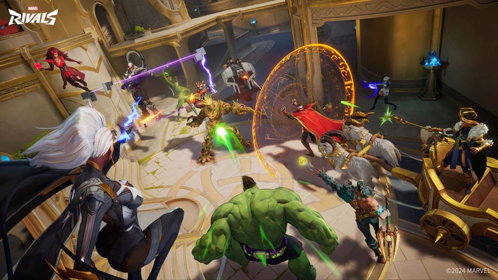 Team fight of Marvel Rivals characters featuring Hulk, Storm, Scarlet Witch and others.