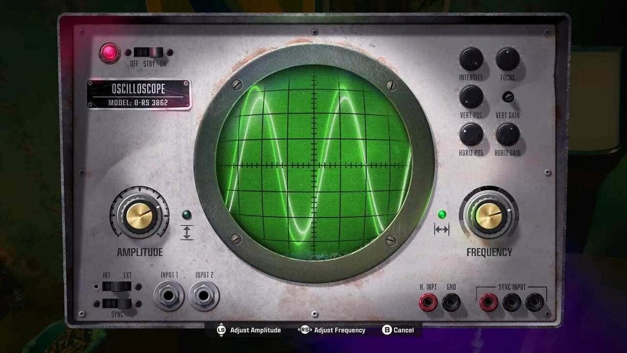 Frequency puzzle interface in Call of Duty: Black Ops 6 with amplitude, frequency, and cancel controls.