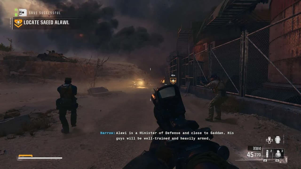Call of Duty: Black Ops 6 gameplay showing HUD, XM4 aiming, and objective to locate Saeed Alawi with Harrow’s dialogue.