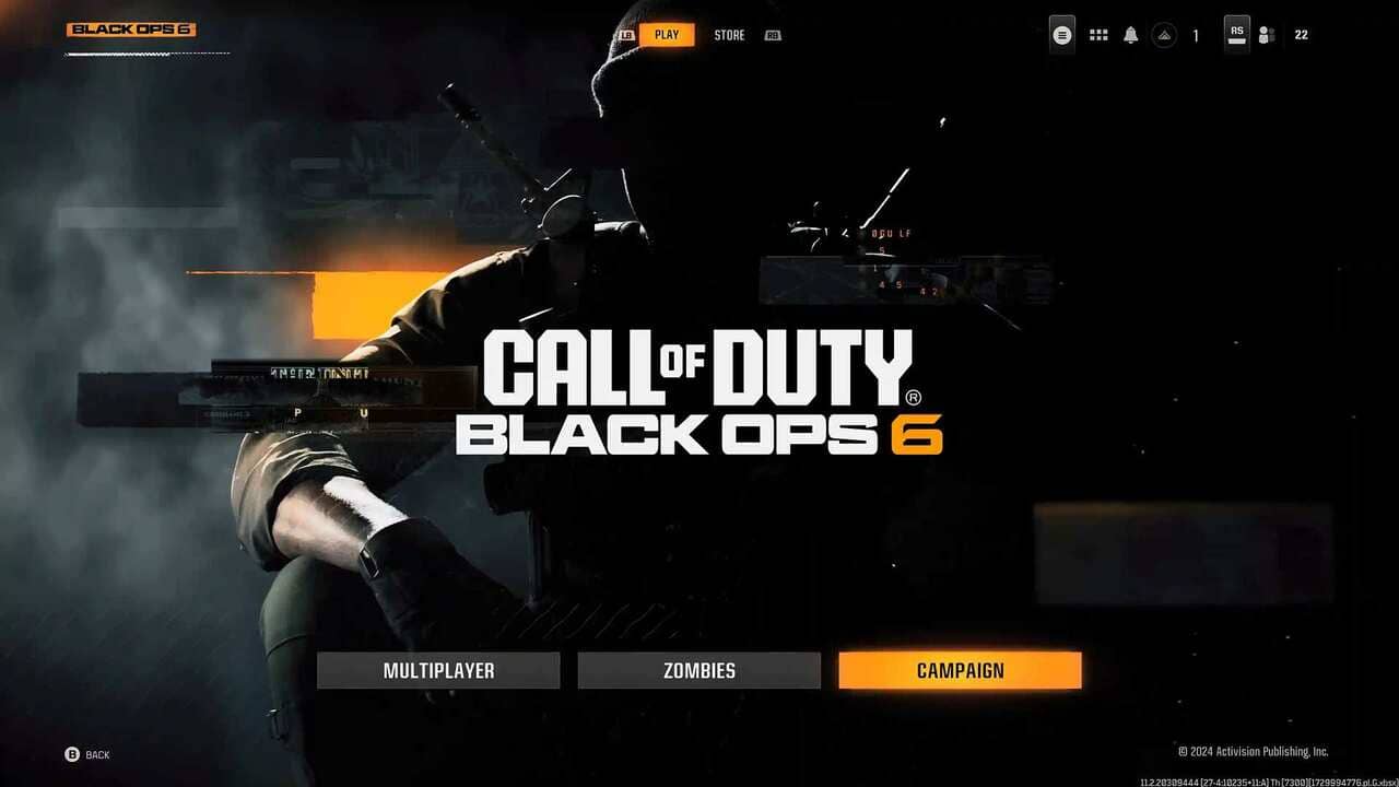 Call of Duty: Black Ops 6 main menu with options for Campaign, Multiplayer, and Zombies beside Black Ops agent and logo.