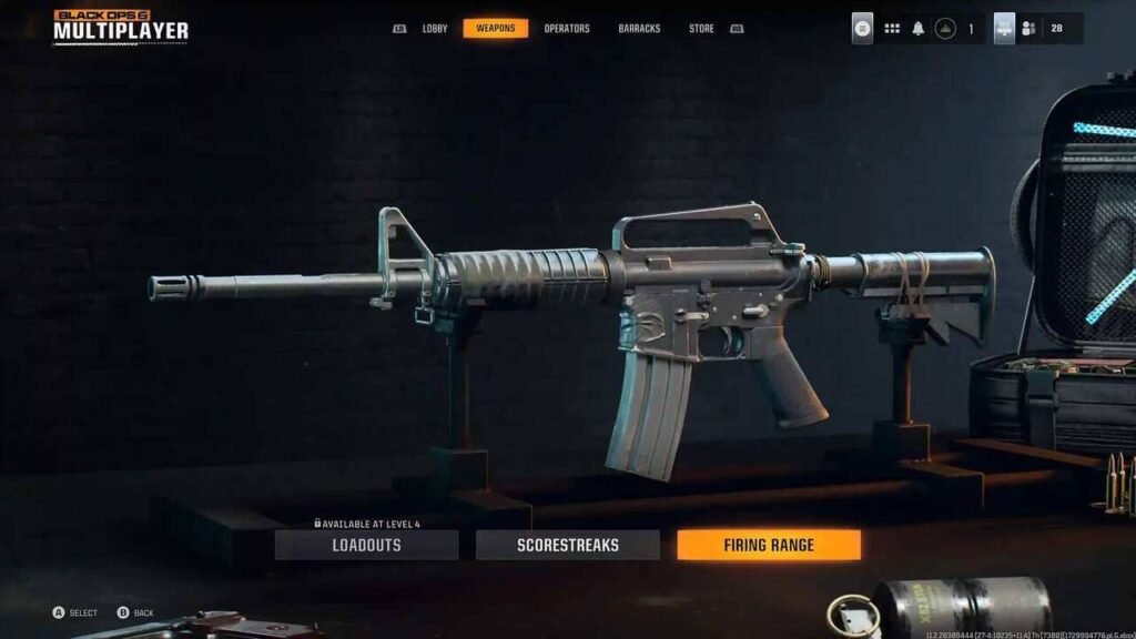 Multiplayer loadout screen in Call of Duty: Black Ops 6 showing rifle, scorestreaks, and firing range options.