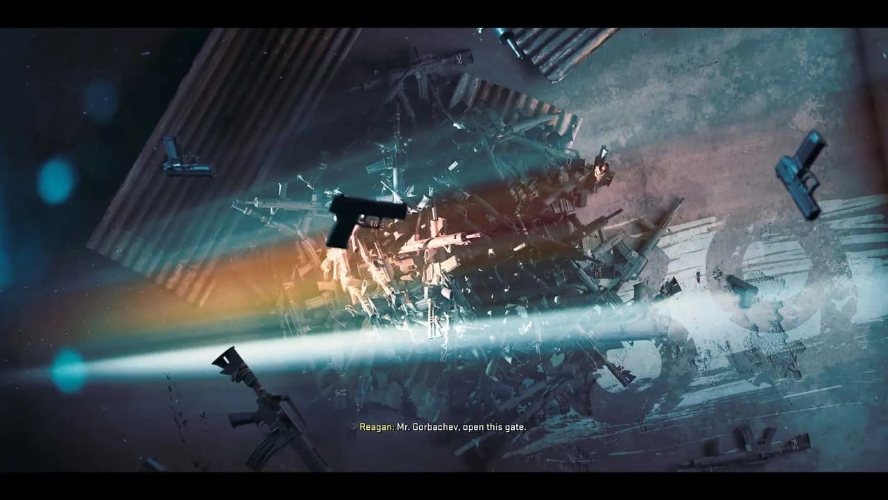 Call of Duty: Black Ops 6 cutscene with floating guns and Ronald Reagan saying “Mr. Gorbachev, open this gate.”