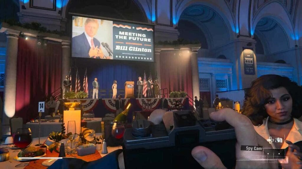 Undercover scene in Call of Duty: Black Ops 6 using a spy camera during a presentation featuring future President Bill Clinton.