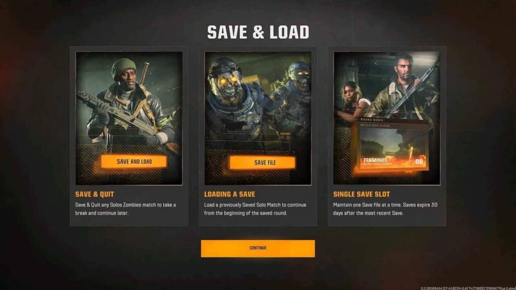 Call of Duty: Black Ops 6 Zombies mode Save & Load feature explanation screen.