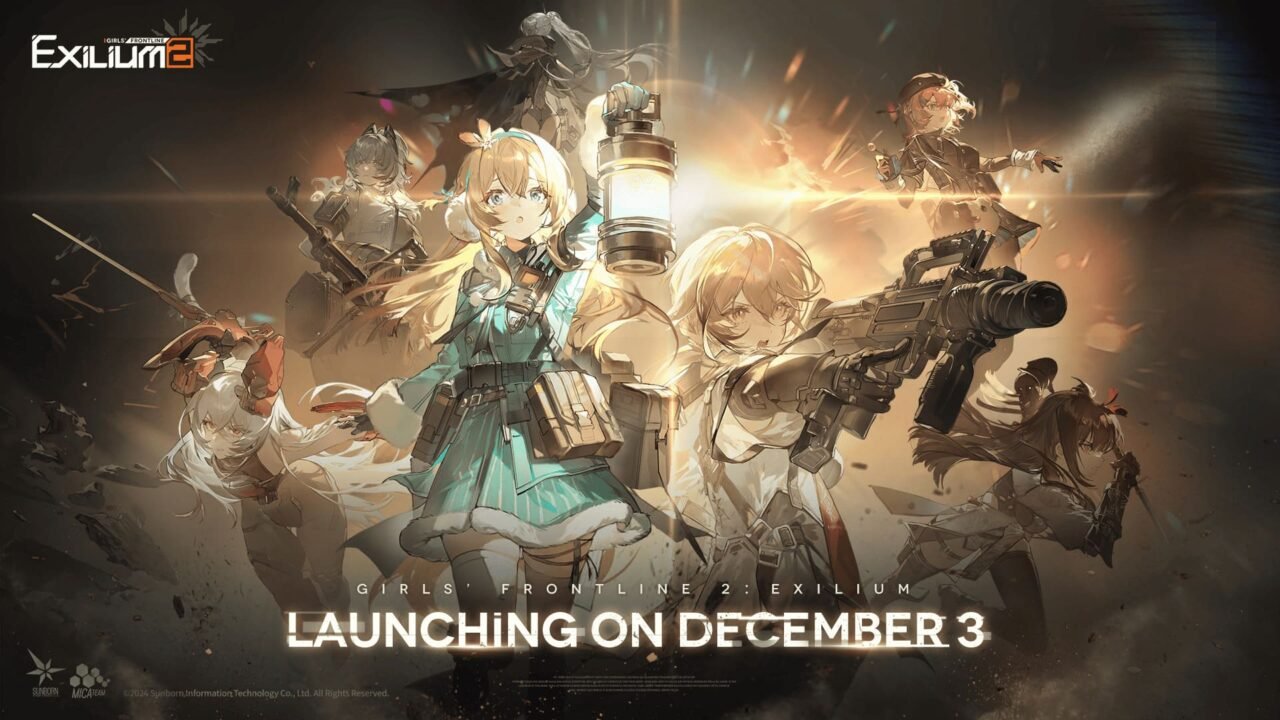 Girls’ Frontline 2 Exilium launch artwork showing multiple Tactical Dolls in combat, announcing the game’s December 3 release date