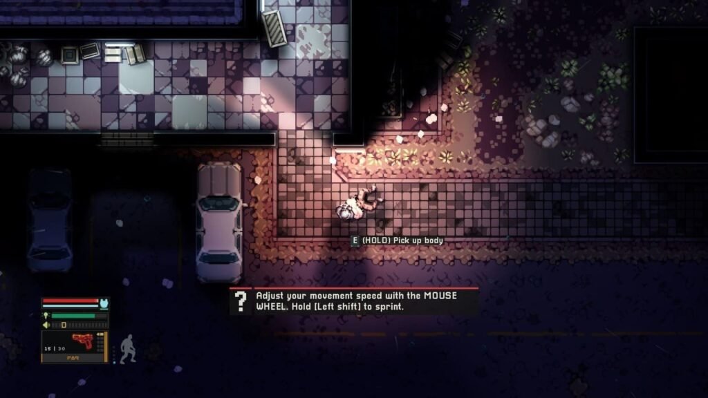 Tutorial screen showing movement speed adjustment, sprinting with Left Shift, and prompt to hold E to pick up a body in Intravenous