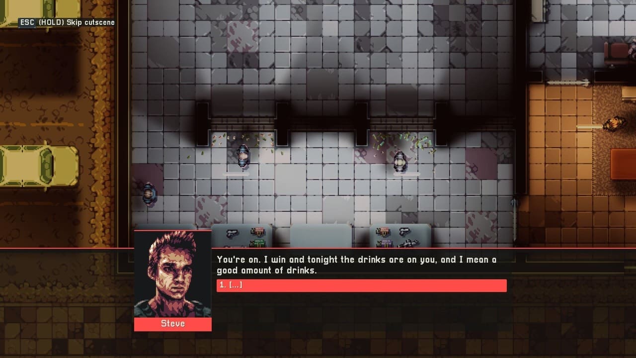Steve Robbins at shooting range with friend, character portrait and dialogue shown