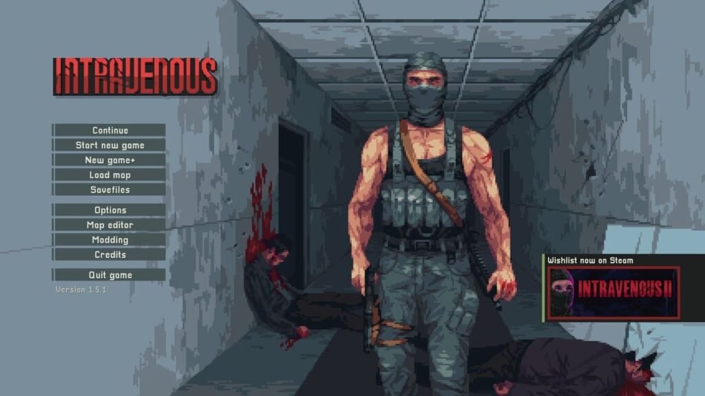 Intravenous title screen with protagonist gripping weapon and two dead bodies behind