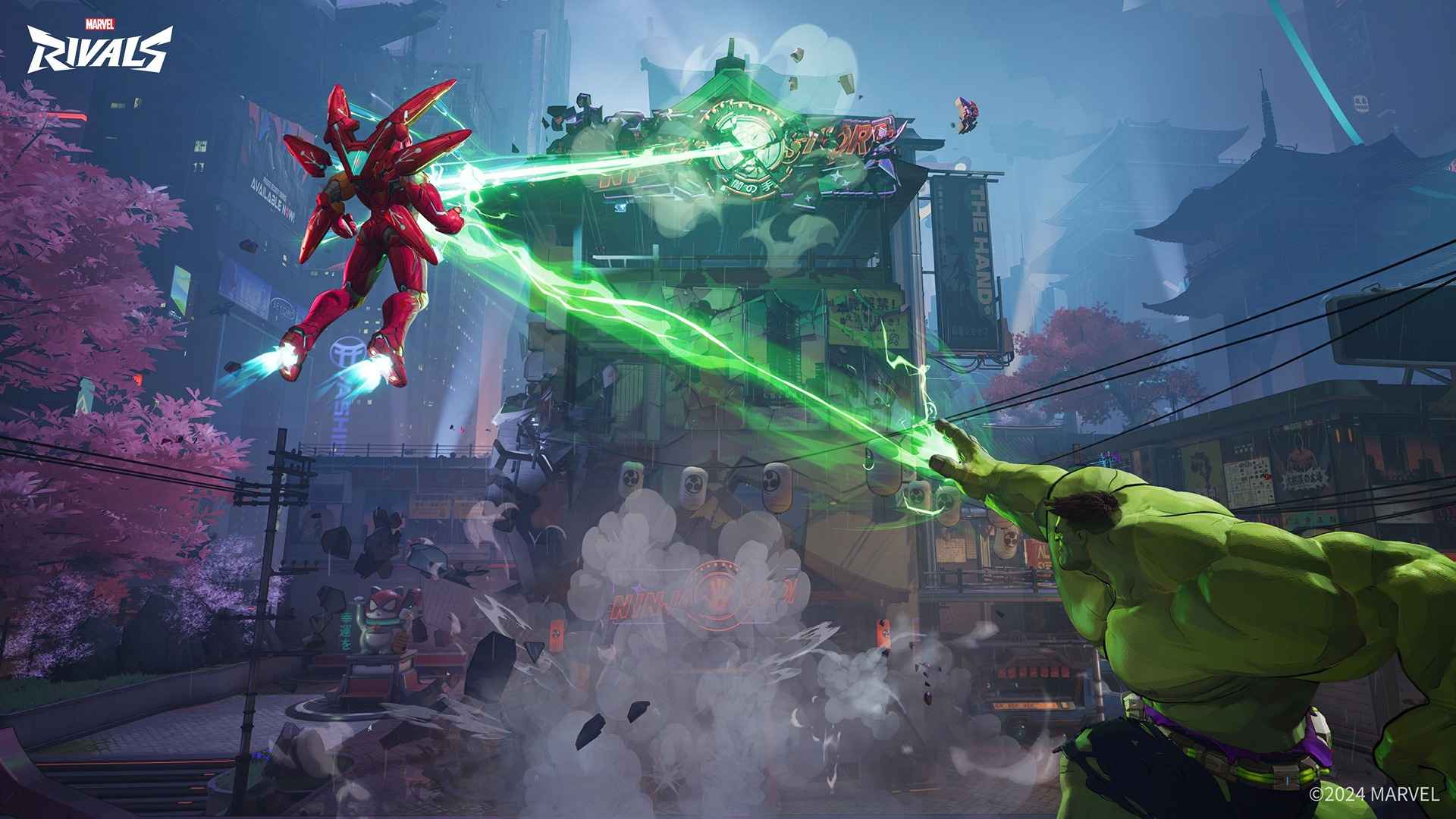 Hulk and Iron Man using team synergy to destroy a building